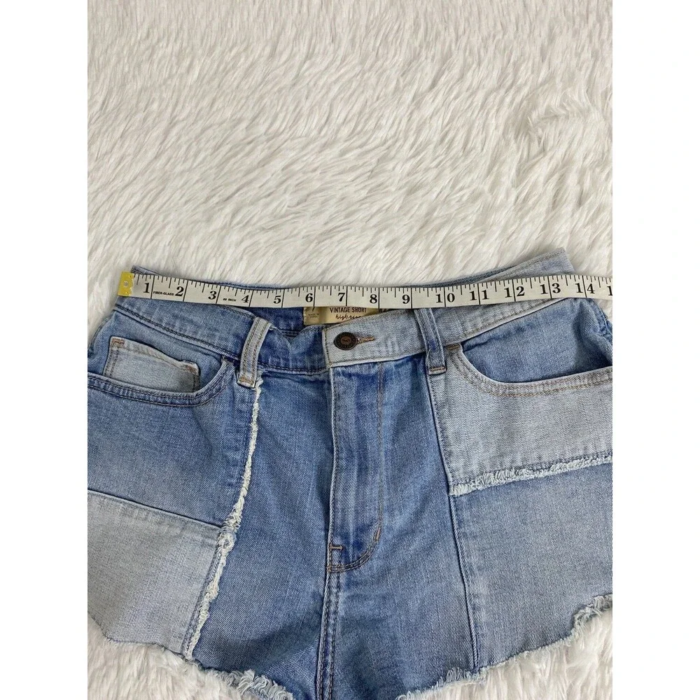 Hollister Blue Denim Vintage Shorts Size 28 Womens High Rise Cut Off Color Block